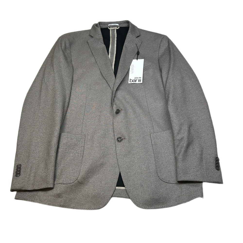 Bar III Slim Fit Sport Coat‎ Mens 46L 46 Tan Herringbone Stretch $295 NEW